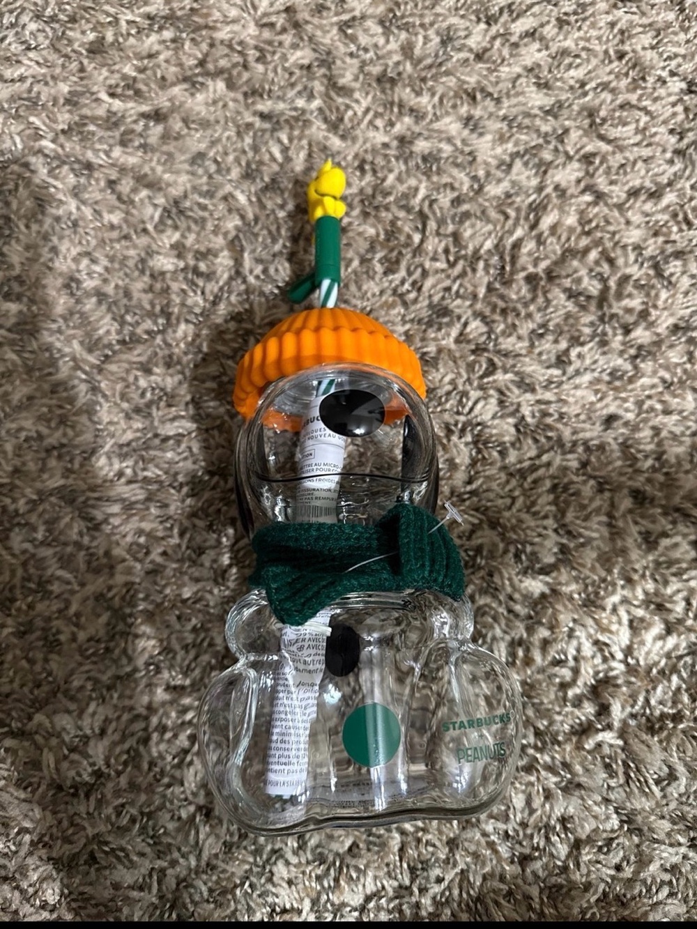 Starbucks Clear Glass Snowman Ornament with Orange Hat and Green Scarf